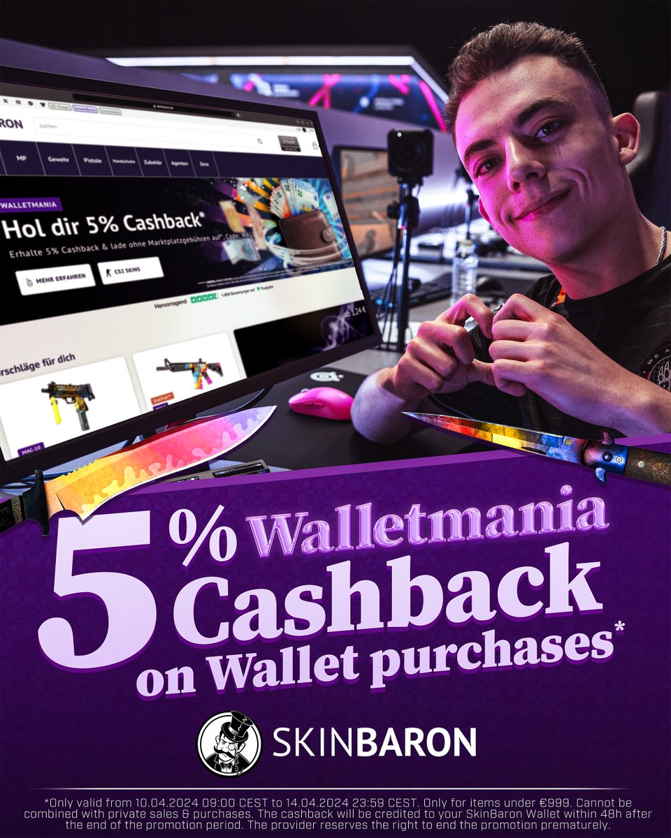 ᵂᴱᴿᴮᵁᴺᴳ 🚨 Level up your inventory like Krimbo! 🚨 Enjoy 5% cash back on your skin purchases at @SkinBaronEN this weekend and don't pay any deposit fees with the code WALLET 💸 Check out the full details at: SkinBaron.de/walletmania