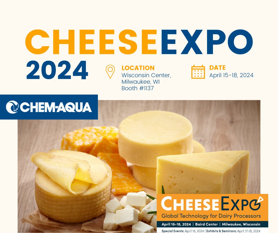 We are looking forward to seeing everyone at #CheeseExpo2024! Stop our Booth# 1137 and speak with our representatives about our latest solutions for the dairy industry. 
#dairysolutions #watertreatment #boilers #chemaqua