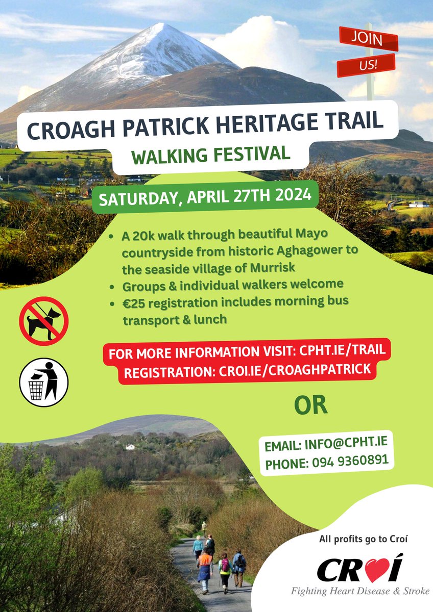 The Croagh Patrick Heritage Trail Walking Festival in aid of Croí takes place on Saturday 27th April 2024. Register croi.ie/croaghpatrick/ Contact 094 9360891 or info@cpht.ie @Croi