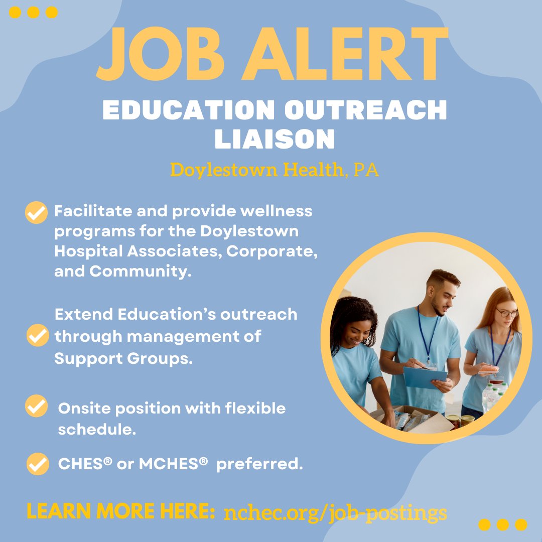 Education Outreach Liaison wanted Doylestown Health, PA #CHES certification required. Onsite position with flexible schedule! ow.ly/iBOI50Re8Go #HealthEducation #CommunityHealth #Healthcare #Wellness