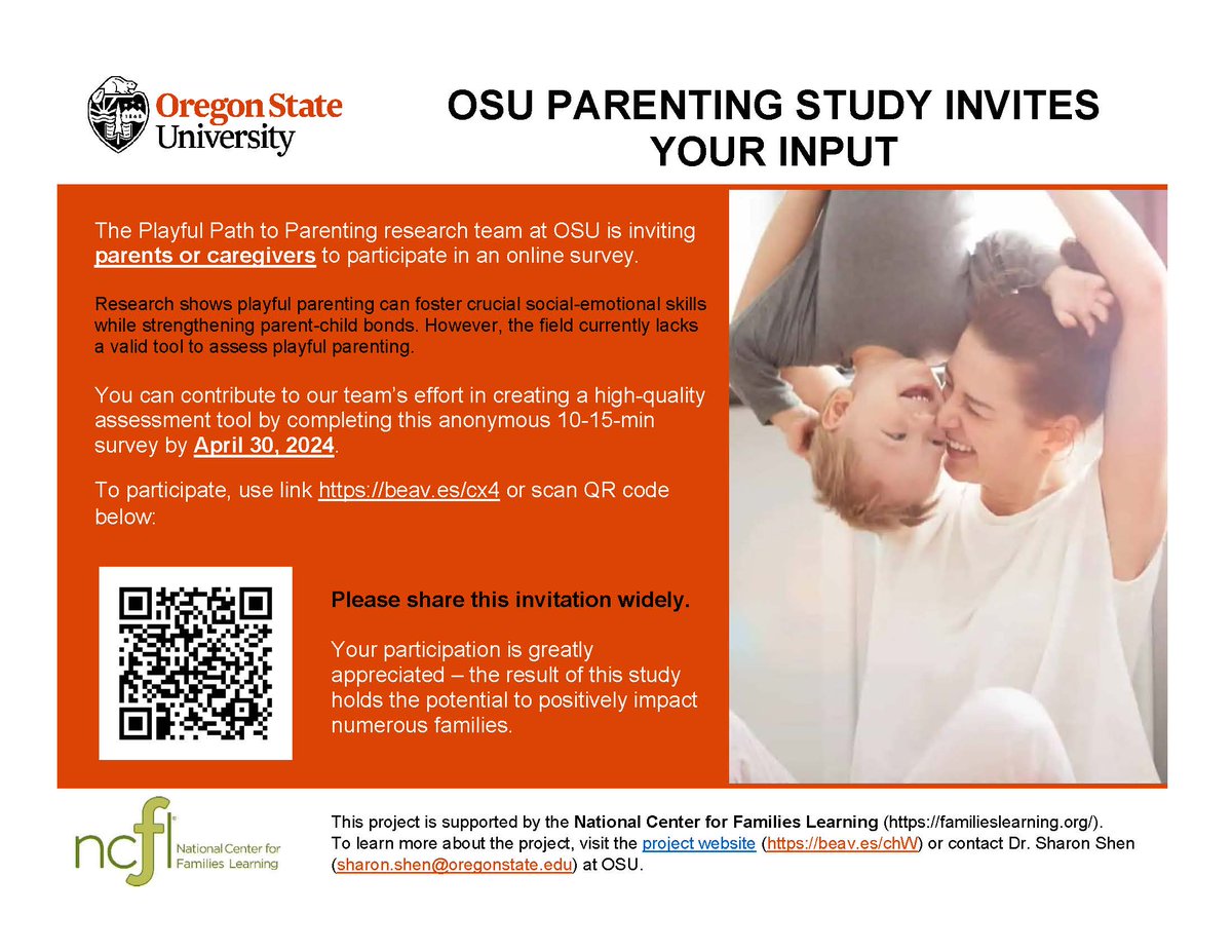The Playful Path to Parenting research team, recipients of NCFL’s 2023 Sharon Darling Innovation Fund Family Learning System Challenge, seeks parenting adults to play a role in understanding playful parenting practices by completing this survey by 4/30: beav.es/cx4