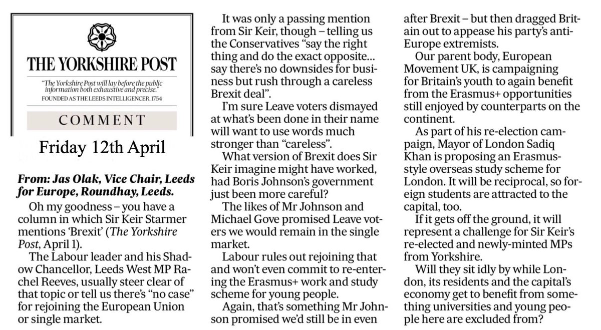 Leeds for Europe (now on Bluesky) 🇪🇺🇺🇦 (@leedseurope) on Twitter photo “What version of Brexit does Sir
Keir imagine might have worked, had Boris Johnson's government just been more careful?” 🤷♂️
Great letter in today’s Yorkshire Post, by our Vice Chair, <a href="/Jazz_O72/">JO 🌻 BLM FBPE FBPA</a>. “What version of Brexit does Sir
Keir imagine might have worked, had Boris Johnson's government just been more careful?” 🤷♂️
Great letter in today’s Yorkshire Post, by our Vice Chair, <a href="/Jazz_O72/">JO 🌻 BLM FBPE FBPA</a>.