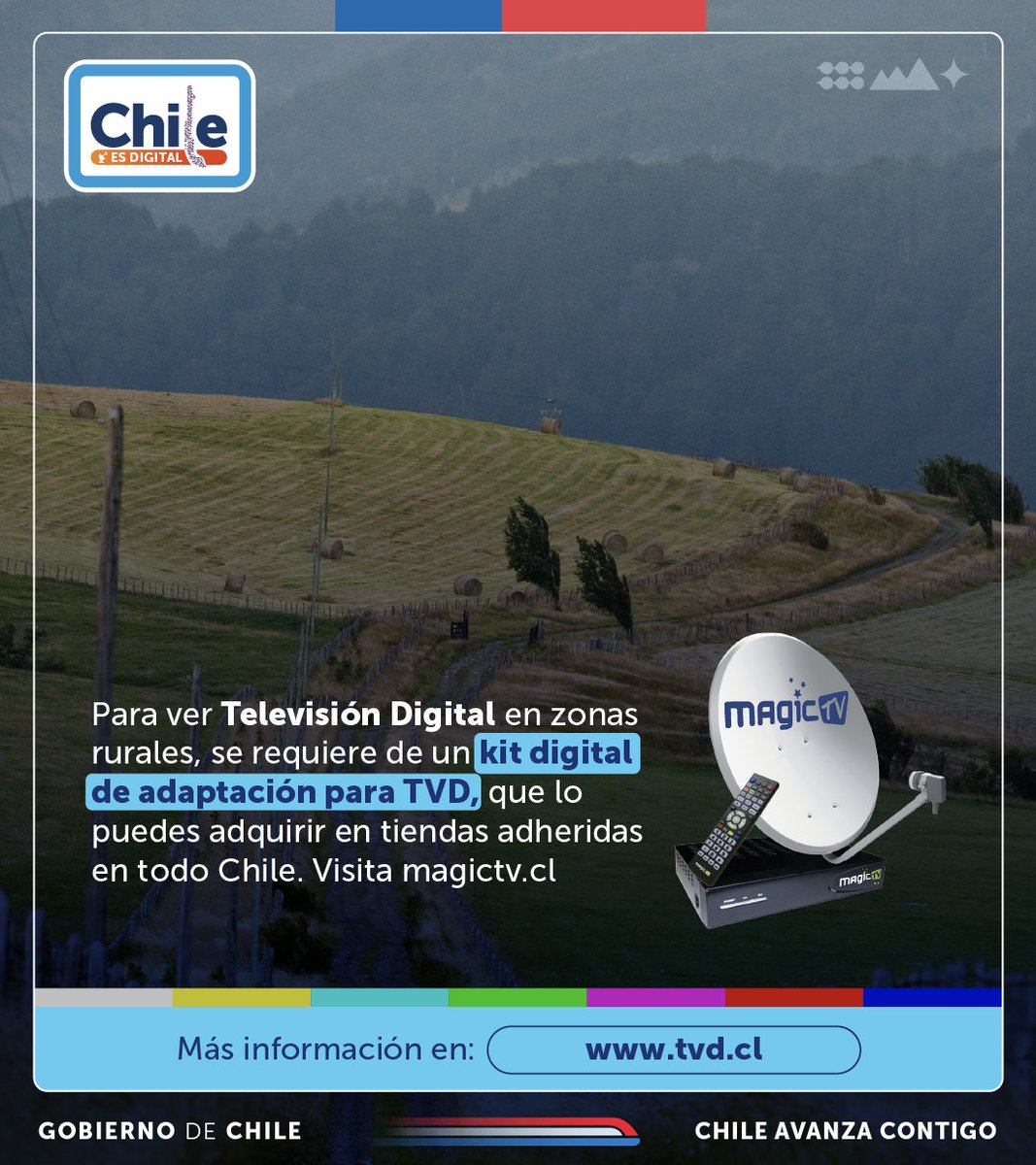 Para ver TVD en zonas rurales, necesitas un kit digital 📡 que permite recepcionar la señal en lugares de poco acceso por sus condiciones geográficas.

En 2023 gracias al aporte de <a href="/AnatelCL/">AnatelChile</a> entregamos 26 mil kits de televisión digital en distintas zonas rurales de Chile 🇨🇱💪