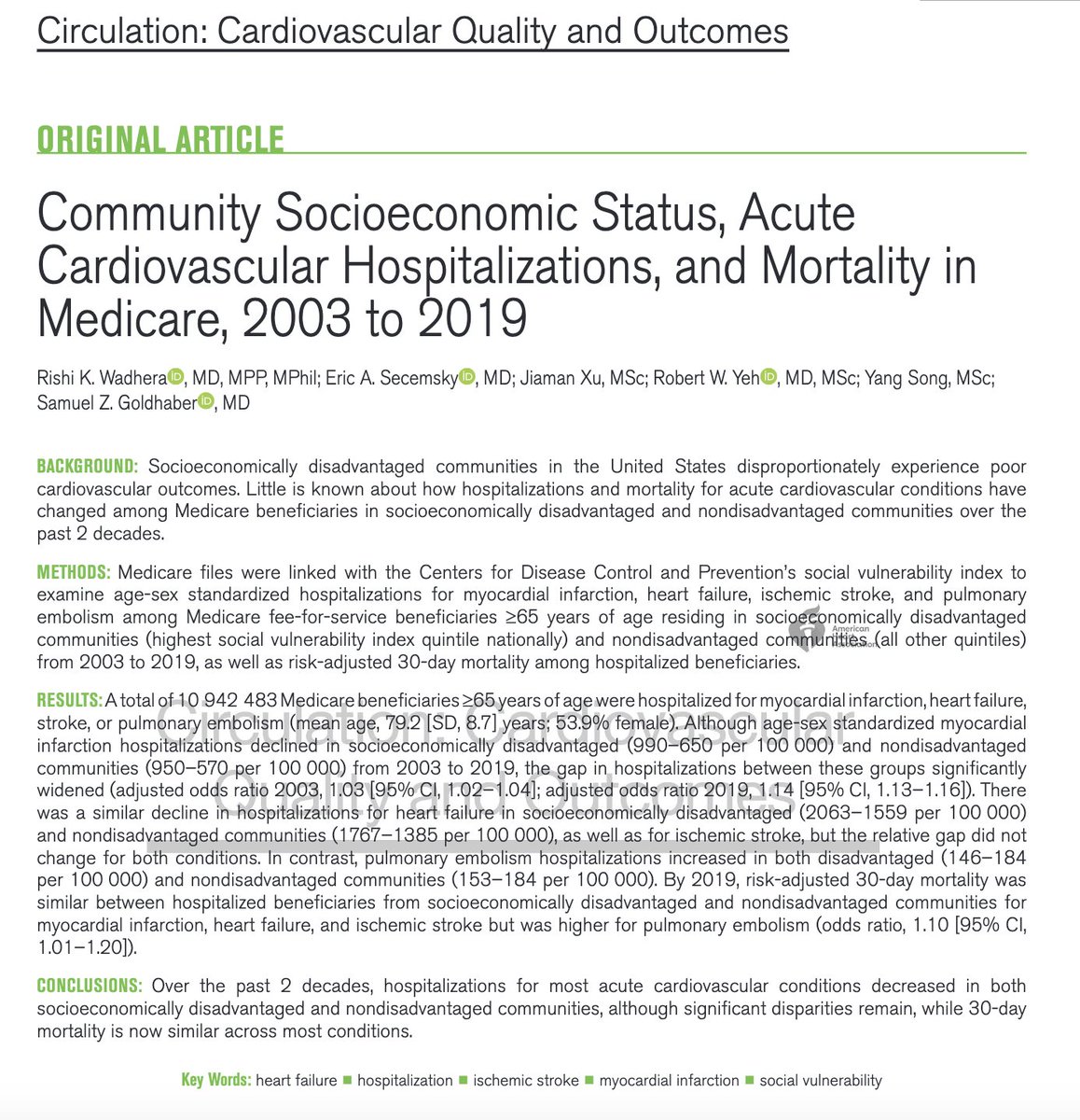 Our @CircOutcomes study finds ⬇️ cardiovascular hospitalizations in both socioeconomically disadvantaged & non-disadvantaged US communities over the past 2 decades, although disparities persist 30-day mortality rates now similar for MI, HF, & stroke ahajournals.org/doi/abs/10.116…