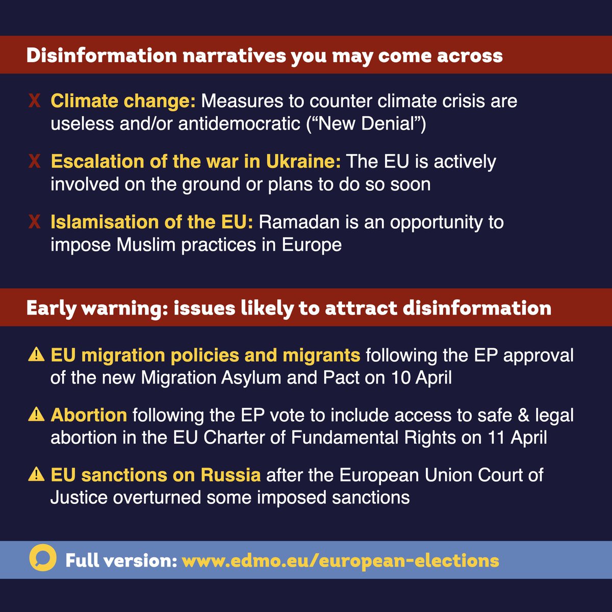 ⚠️ EDMO's Task Force on the #EUelections2024 published their first Weekly Insights + Early Warnings, highlighting key #disinformation narratives affecting the public sphere ahead of the #elections. Read in full: loom.ly/6OLvvKc Get daily alerts: loom.ly/3gwXh8o