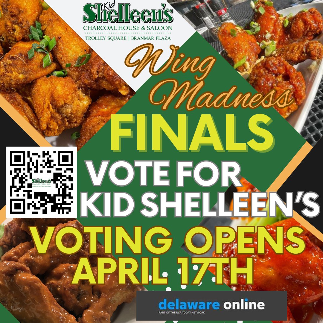 We're in the FINALS, baby!!!! One more round to go!! @delawareonline 's Wing Madness final round opens Wednesday, April 17th at 7:01am! Vote for Kid Shelleen's!! #wingmadness #delawaresbestwings #voteforkidshelleens #letsgobaby