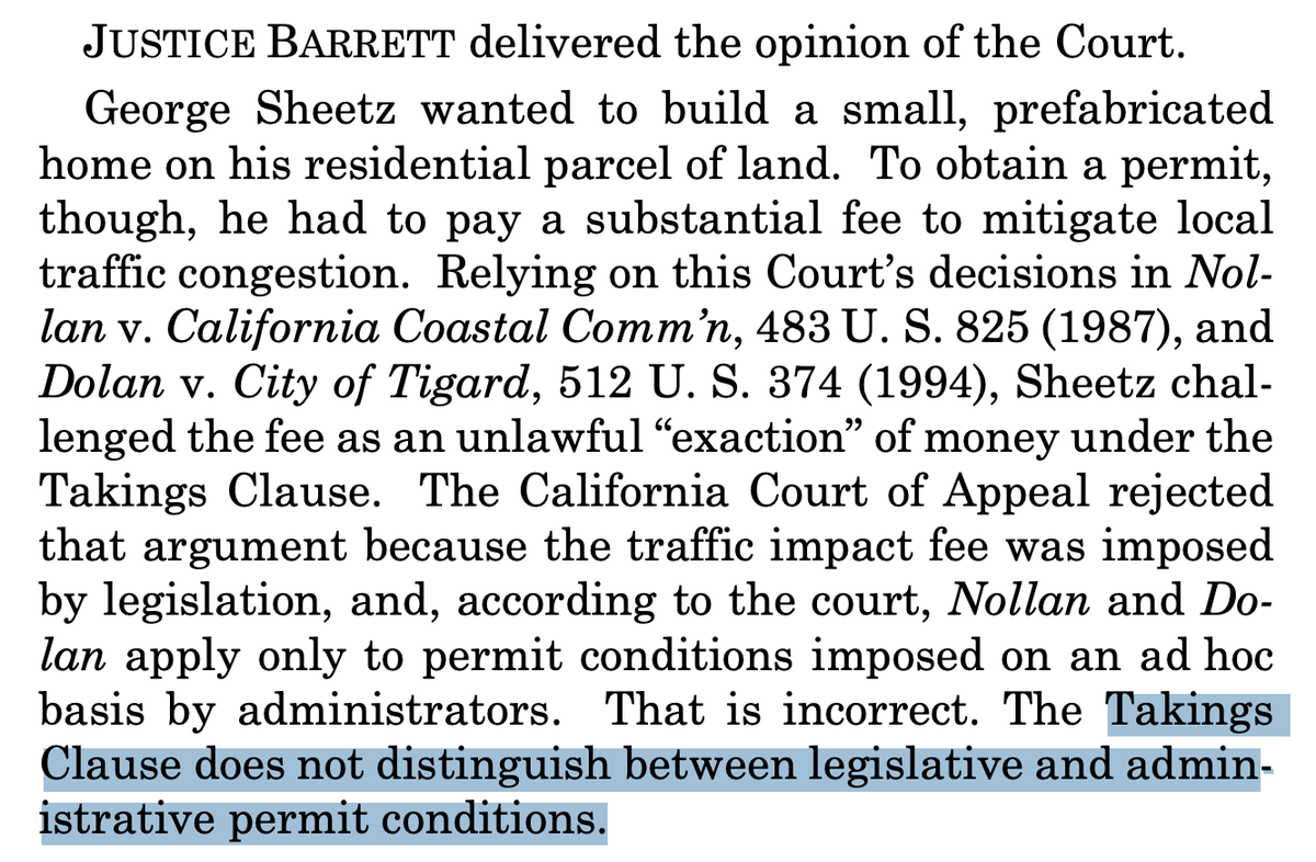 The Supreme Court's first decision of the day is a unanimous ruling in Sheetz v. El Dorado. Per Barrett, 'legislative takings' (as opposed to administrative takings) are cognizable under the 5th Amendment. supremecourt.gov/opinions/23pdf… More opinion(s) to come!