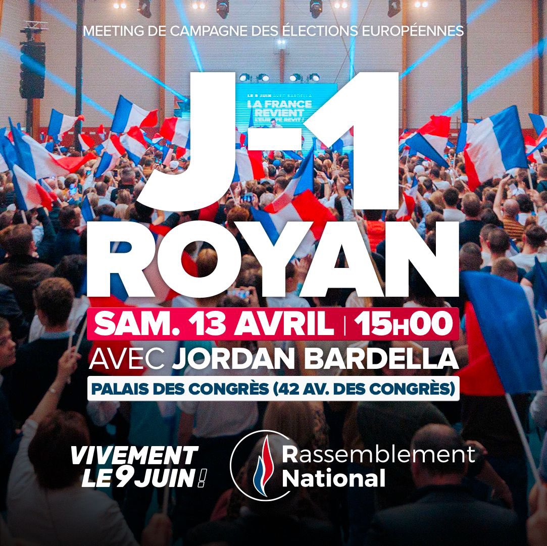 🔵 J-1 : demain, #TousARoyan ! Nous vous donnons rendez-vous avec @J_Bardella à #Royan, au Palais des Congrès (avenue des Congrès) à 15h00, pour notre meeting en Charente-Maritime ! #VivementLe9Juin ▶️ Inscriptions : urlz.fr/q54o