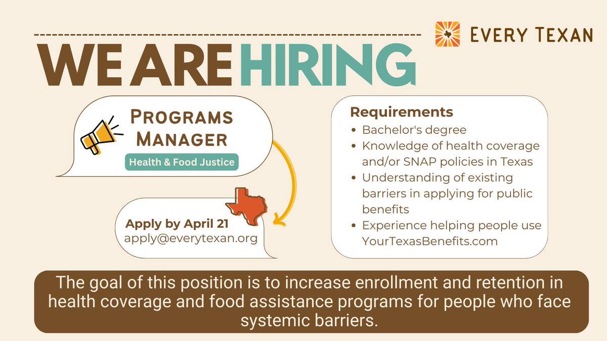 Our Health & Food Justice Team is hiring a Programs Manager! The goal of this position is to increase enrollment and retention in health coverage and food assistance programs for Texans facing systemic barriers. #txlege Learn more and apply by 4/21: bit.ly/3JfHuzJ