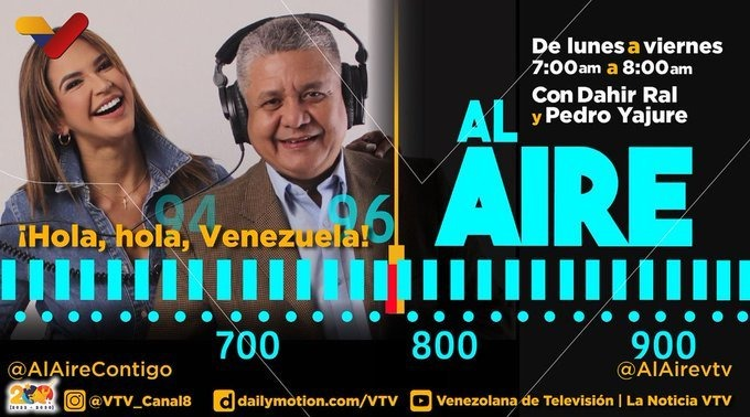 #ProgramasVTV📺| Sintoniza Al Aire de lunes a viernes a las 07:00 am conducido por @RALDAHIR y @pedrojyajure a través de nuestra pantalla.

El único programa que se escucha por radio y se ve por televisión.

#VenezuelaValiente