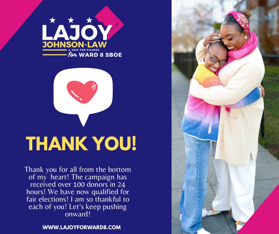 THANK YOU ALL SO MUCH! We reached a 100 individual DC donations, which means our campaign qualifies for public financing! We only need 140 more DC residents to give $20 to earn the maximum number of matching funds! Let’s Gooo!!!!!! 🔥❤️😘 secure.actblue.com/donate/lajoyfo…