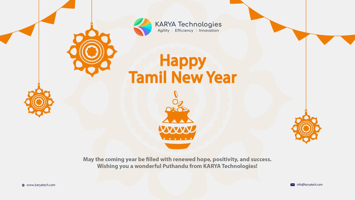 KARYA Technologies wishes you a year filled with #Love, #Happiness and #Prosperity. 🌟 May this Tamil New Year bring you #Success in all your endeavors! 🎉 😊

#TamilNewYear2024 #Celebration #JoyfulMoments #PuthanduVazthukal #NewBeginnings #GoodHealth #KARYATechnologies