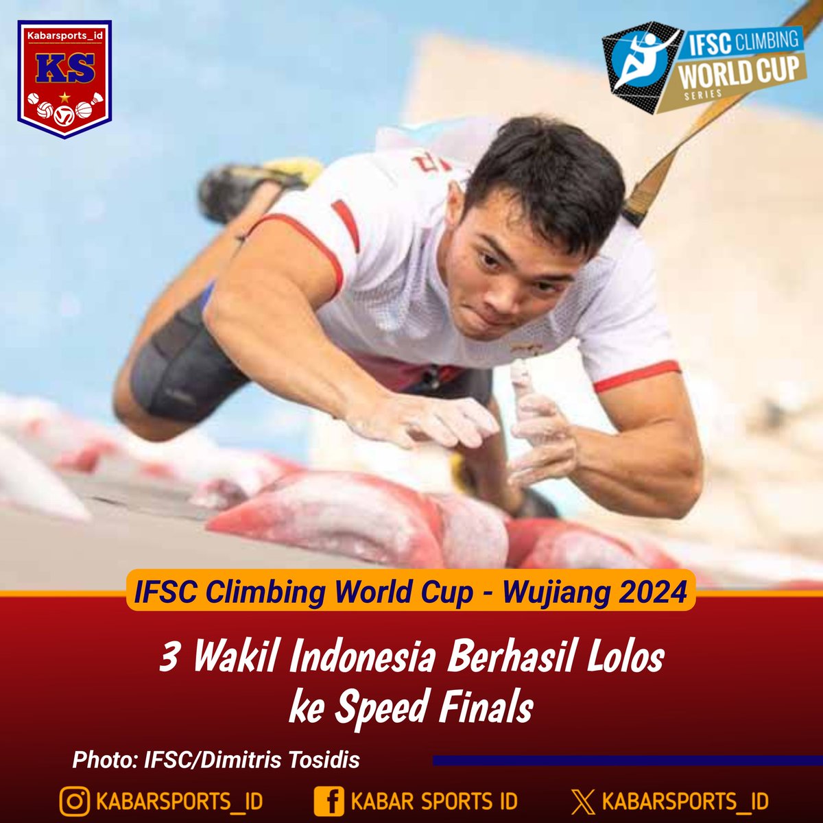 kabarsports_id's tweet photo. IFSC Climbing World Cup - Wujiang 2024

3 wakil Indonesia lolos ke Speed Finals setelah masuk Top 16 babak kualifikasi

• Kiromal Katibin (Speed Putra) 
• Veddriq Leonardo (Speed Putra) 
• Rajiah Sallsabillah (Speed Putri)

#IFSCWorldCup #Speed #Climbing #TimIndonesia https://t.co/hoHsbdNmQO