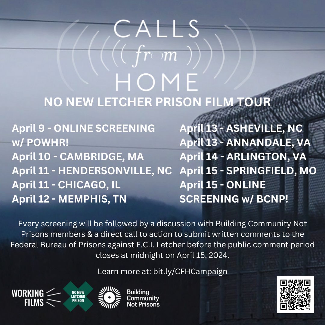 The 'Calls from Home' film tour is coming to a city near you! Learn about the fight against the proposed prison in our county. All screenings are free & open to the public. Can't make it? Attend the final online screening on April 15th! Learn more: bit.ly/BCNPEventApril…