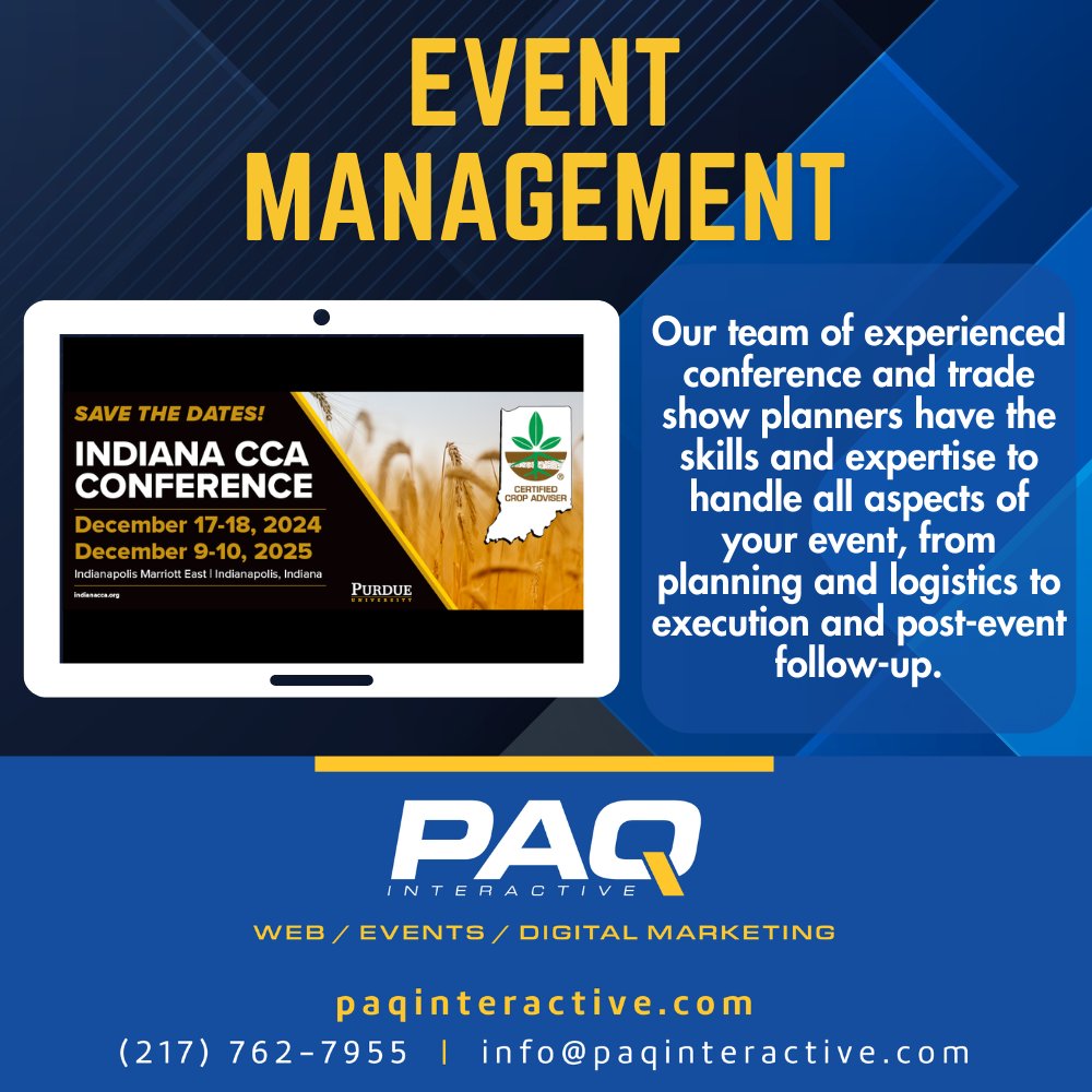 PAQ is the Program Administrator for the Indiana CCA Conference. In this role, we manage speaker, moderator, and registration information, maintain the conference website and social media, and provide conference bookkeeping.
paqinteractive.com/events.

<a href="/IndianaCCA/">Indiana CCA</a>
#PAQInteractive