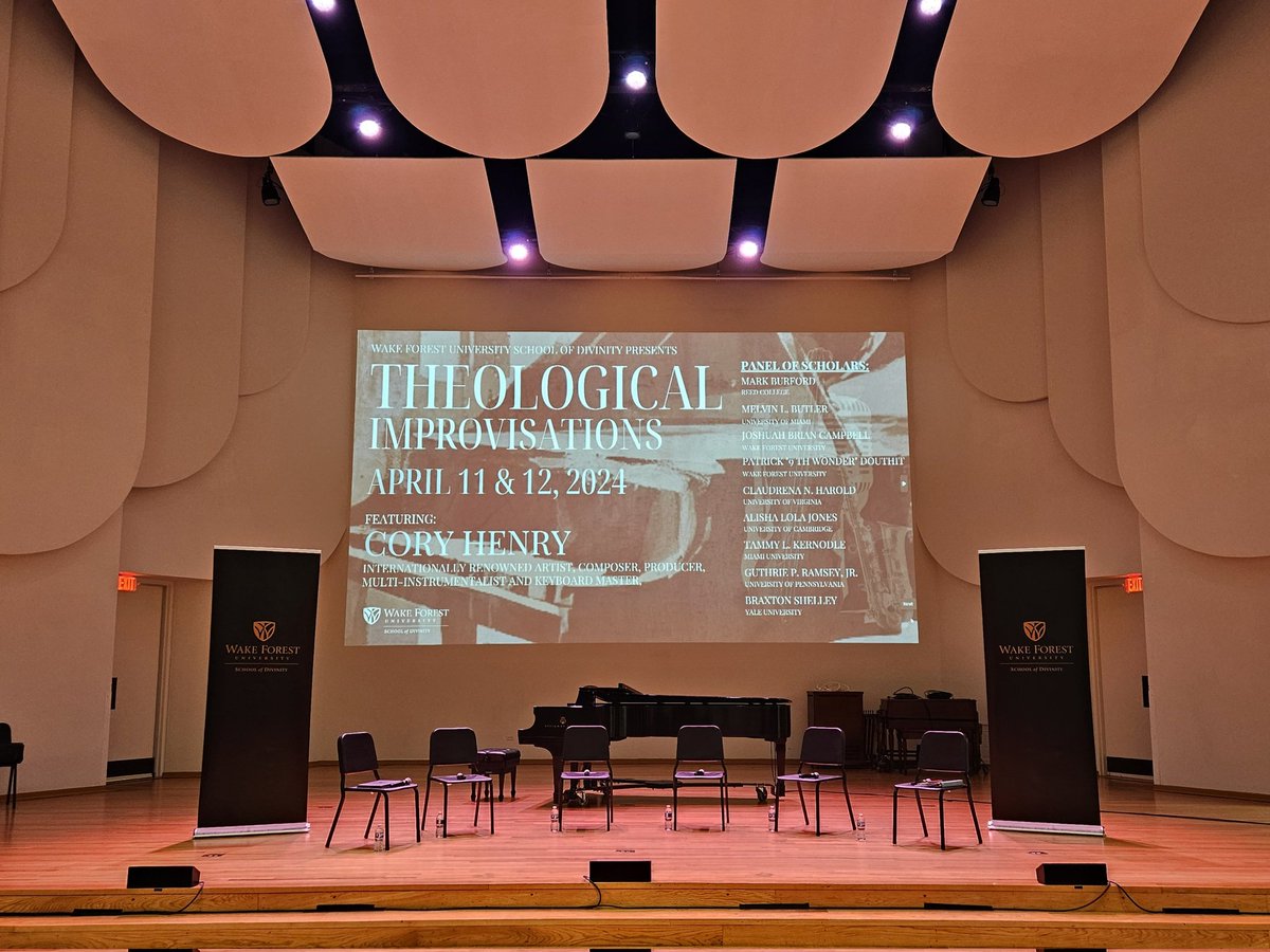 WE are all set for the second day of @WakeDiv's 'Theological Improvisations.' JOIN us for more wonderful conversations with an amazing group of artists and scholars in @WakeForest's Brendle Recital Hall.