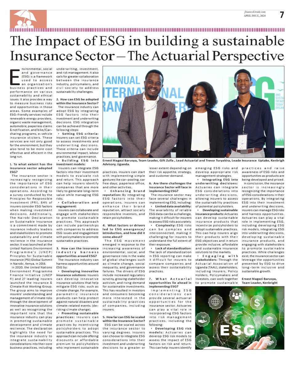 Our CEO - Ernest Magezi Barusya offers some insights into the impact of ESG in building a sustainable Insurance Sector. Read the article for details.