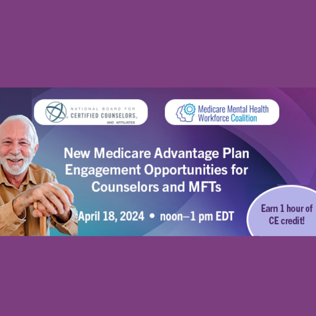 On April 18 at 12 EDT, expert panelists will answer your questions about how MFTs and counselors can join Medicare Advantage insurance panels. Continuing education credit will be available during the live version of this free webinar. Register today. ow.ly/CRrx50Rf11V