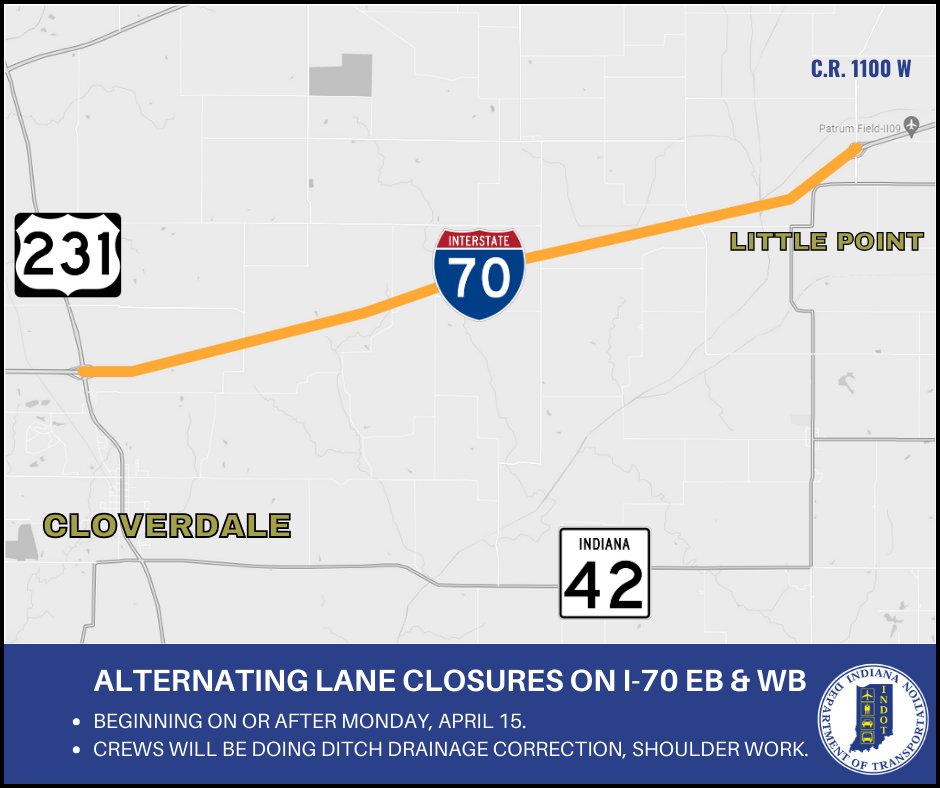 ⚠🚧 Beginning on/after Monday, (4/15), I-70 eastbound and westbound will have alternating lane closures between Cloverdale and Little Point. For more details on the work happening in the area, click below. ⬇ lnks.gd/2/2vH-Wrb