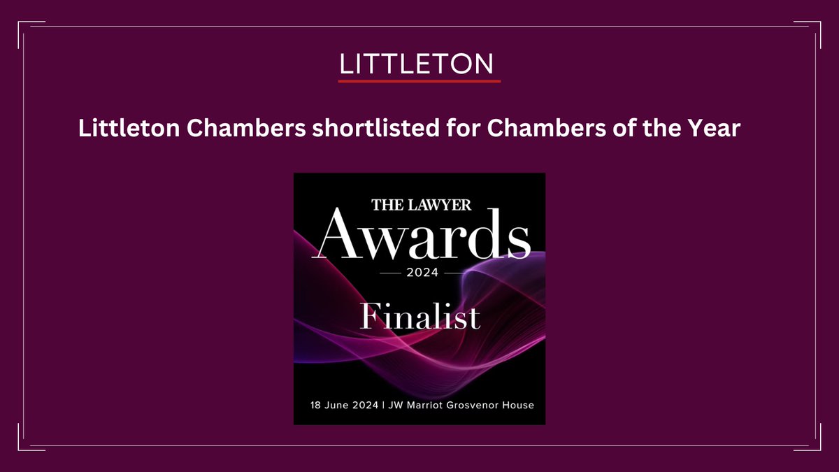 Littleton is thrilled to be shortlisted by @TheLawyermag for the coveted Chambers of the Year award. Many thanks to all our wonderful referees who took the time to provide such glowing testimonials. littletonchambers.com/littleton-cham… #ChambersoftheYear #TheLawyerAwards #LittletonChambers