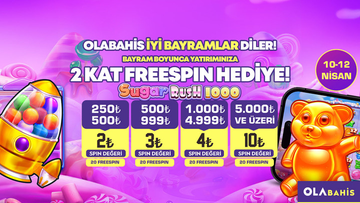 BAYRAM HEDİYENİZ OLABAHİS’TEN! 🗓 10 - 12 Nisan tarihleri arasında 💰 En az 250₺ yatırım yapın t2m.io/txolabhs ✨ Sugar Rush 1000 oyununda 2 kat freespin kazanın!