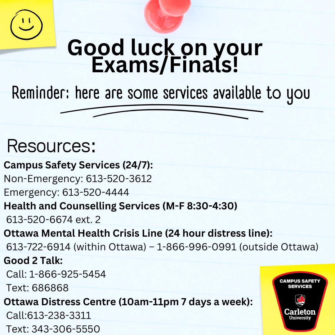 Good luck on your Exams/Finals Ravens!
 
For more resources visit Carleton's Wellness Service Navigator at: 
wellness.carleton.ca