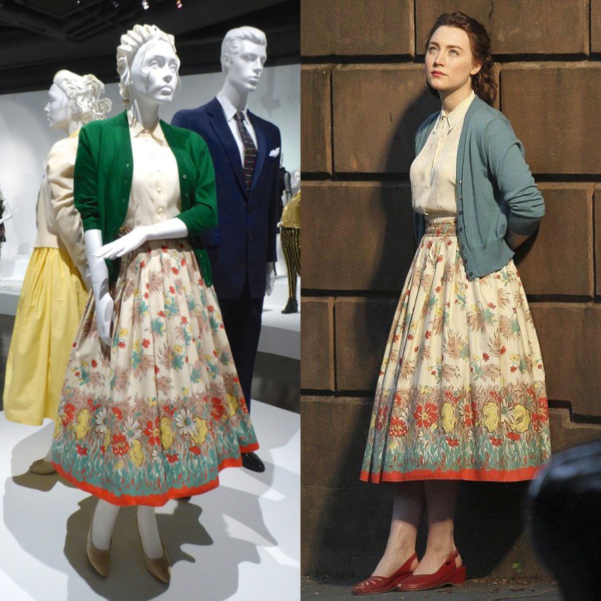 American-born Irish actress Saoirse Ronan was born #OnThisDay in 1994. She starred as Éilis Lacey in the 2015 film adaptation of Colm Tóibín's Brooklyn, in which she wore this Odile Dicks-Mireaux designed 1950s cardigan, shirt, and printed skirt ensemble. #film #costume #dress