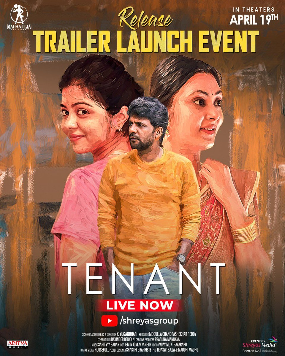 The thrilling #TENANT Release Trailer Launch Event is LIVE NOW🤩💥 Watch Live Here: 🔴youtube.com/live/efzSdbWGp… Worldwide grand release at theatres near you from April 19th. ❤️‍🔥 #TENANTOnApril19th @iamsatyamrajesh @Yugandhar25999 @itsMeghaC @actor_chandu24 @SahityyaSagar…