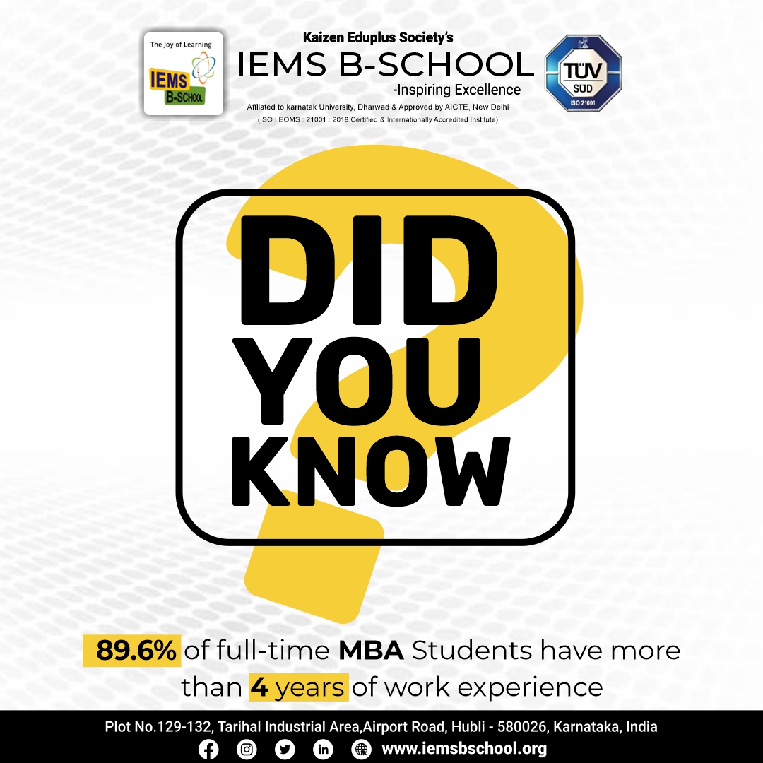 Experienced minds pave the path to success! Did you know? 89.6% of full-time MBA students bring over 4 years of valuable work experience to the classroom.
.
.
.
#DidYouKnow #didyouknowfacts #knowledge #entruprenuer  #mbaadmission2024 #hubli #hublidharwad #mbahubli #IEMSBSchool