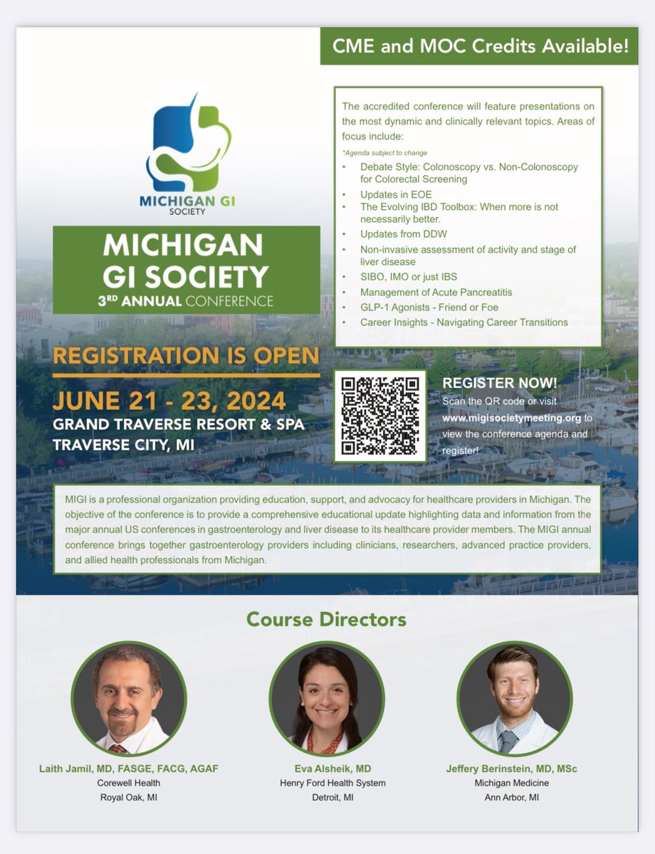 What’s not to ❤️ about Traverse City in the summer?!? Please join the 3rd annual @MIGISociety #GI conf June 21-23 ⭐️ High impact agenda ⭐️Abstracts ⭐️ Michigan and visiting faculty ⭐️ Social gatherings ⭐️ Intestinal ultrasound exposure ⭐️ Sunsets migisocietymeeting.org/event-details/…