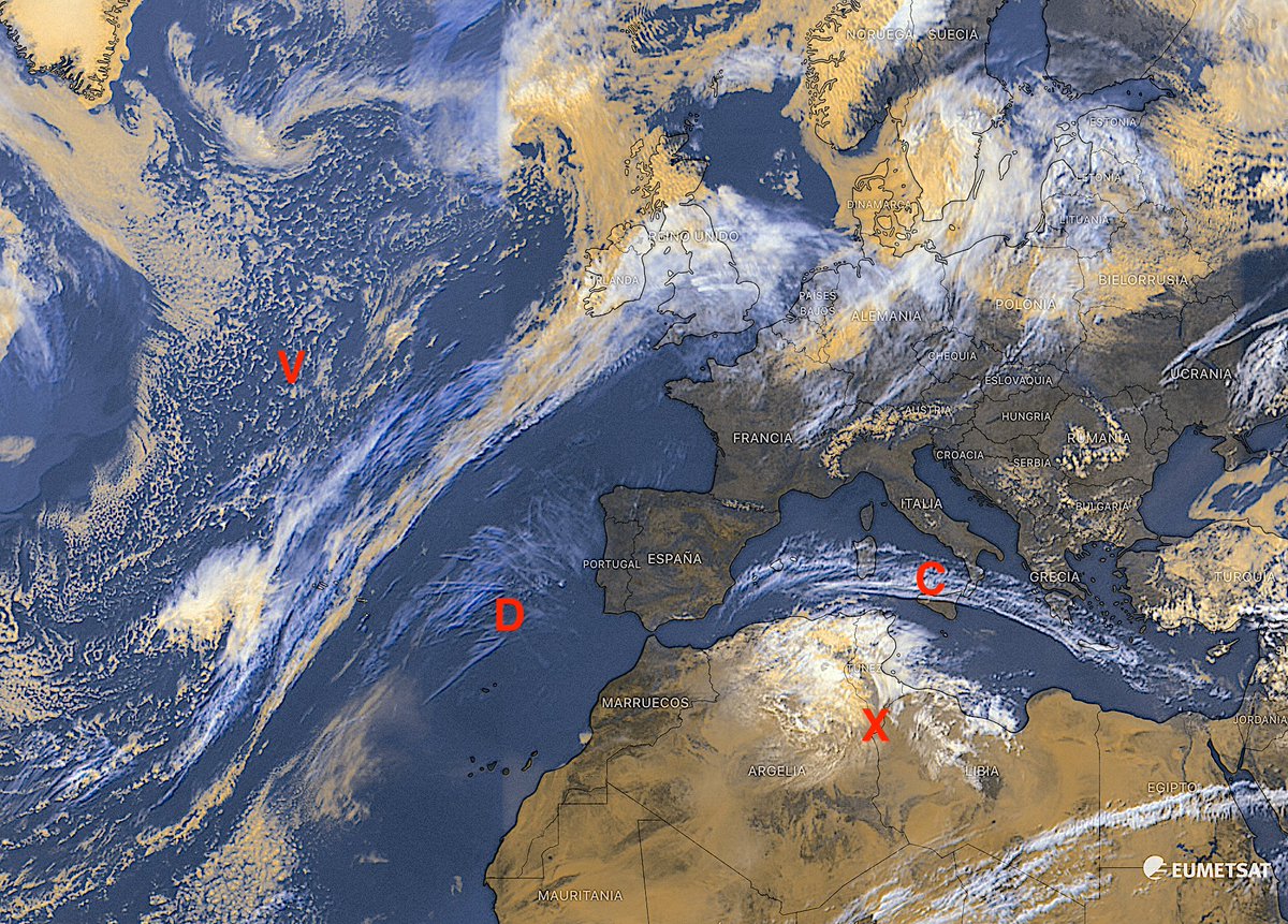 La gran dorsal (D) deja cielos despejados sobre parte del Atlántico y de Europa. La dana (X) genera lluvias sobre parte de Argelia y Túnez. Muy al W aparece una vaguada (V) que afectará hacia el lunes al norte peninsular. Ver (ALT)