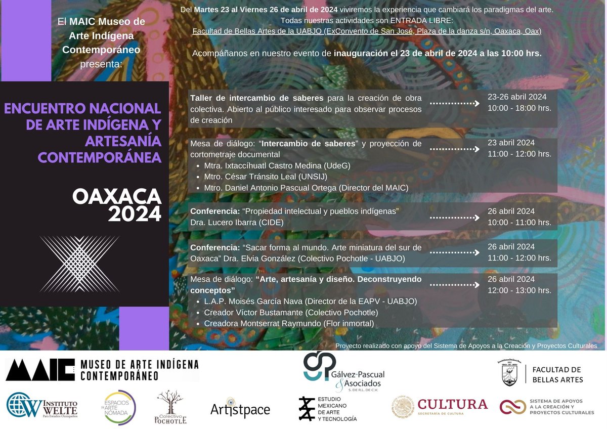MAICmuseum's tweet photo. Programa público del ENAIAC, Oaxaca 2024.
Del 23 al 26 de abril cambiaremos los paradigmas del arte.

Los esperamos en la Facultad de Bellas Artes de la @UABJO @fuabjo 
Proyecto realizado con apoyo del Sistema de Apoyos a la Creación y Proyectos Culturales @SistemaCreacion https://t.co/G8GdHFG5Ai