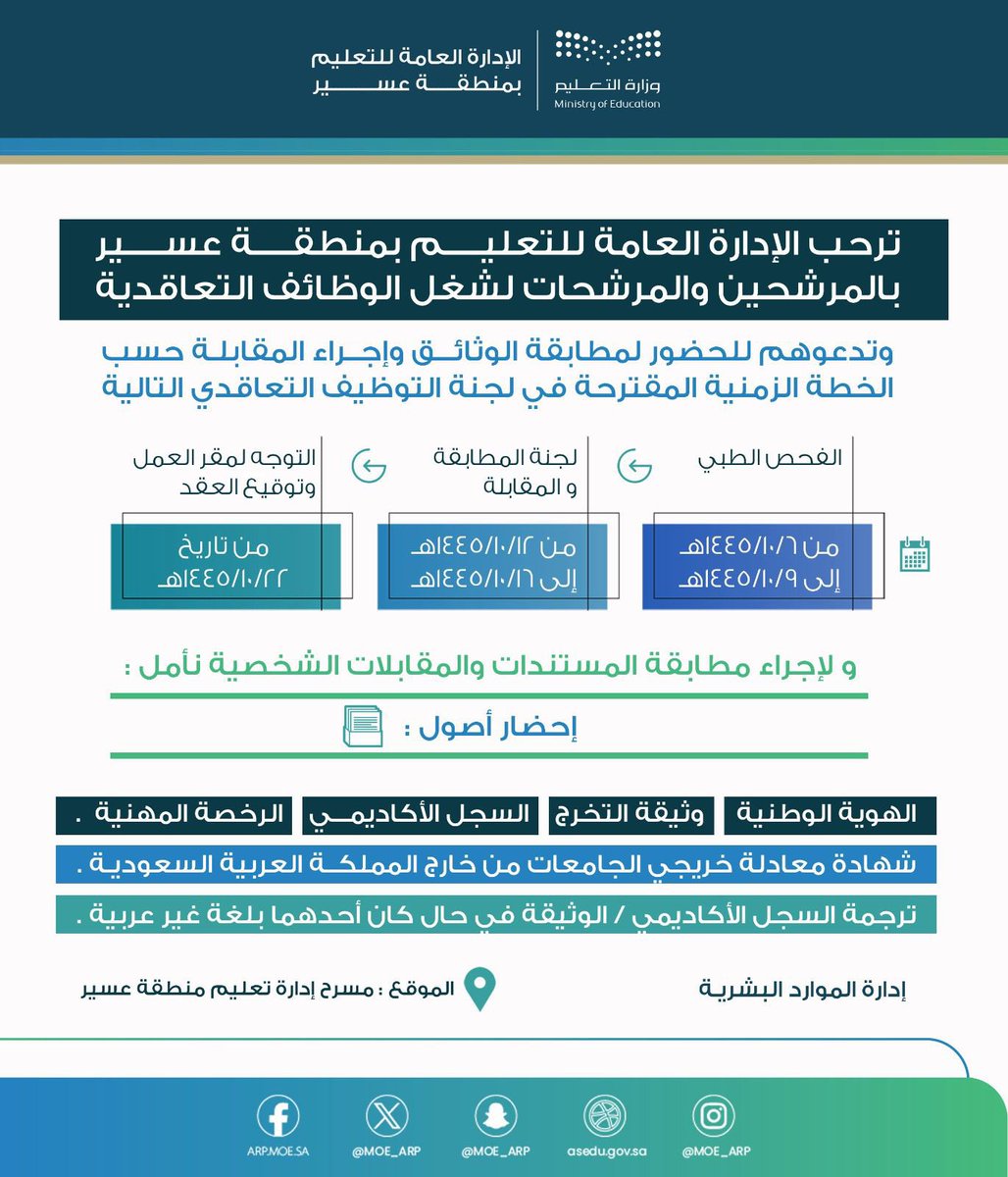 ترحب الإدارة العامة للتعليم في منطقة عسير بالمرشحين والمرشحات لشغل الوظائف التعليمية التعاقدية، وتدعوهم للحضور لمطابقة الوثائق وإجراء المقابلات الشخصية، وفق الخطة الزمنية المحدّدة في المرفق، وذلك في مسرح الإدارة العامة للتعليم بالمنطقة. maps.app.goo.gl/xQmYwsUPRnPPqE… #تعليم_عسير