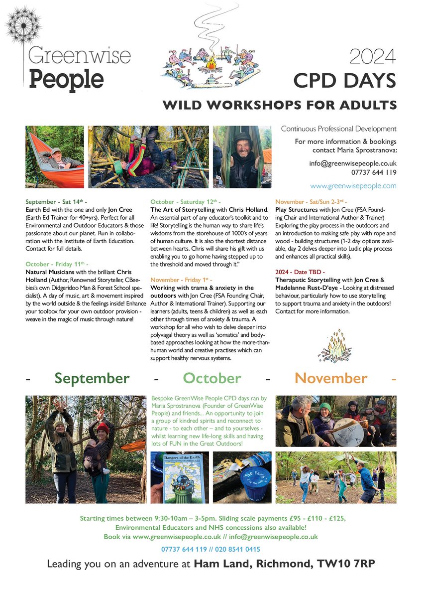 @CathPrisk @FSAForestSchool @LondonNPC @nctsn @LondonYouth @CreativeSTAR @SOLDoutdoors @habsandheritage @outdoorteacher @searsio Here they are👇🏼#Wild #Workshops for #Adults aka #CPD days in #NatureConnection this Spring🌱 Summer🌻 Autumn🍂 2024 at our magical 72ha #NatureReserve site in SWLondon with some of our leading voices in the field🙏🏼 @creetown @chriswholeland @ecopedagogue +++ Do share & join us 💚