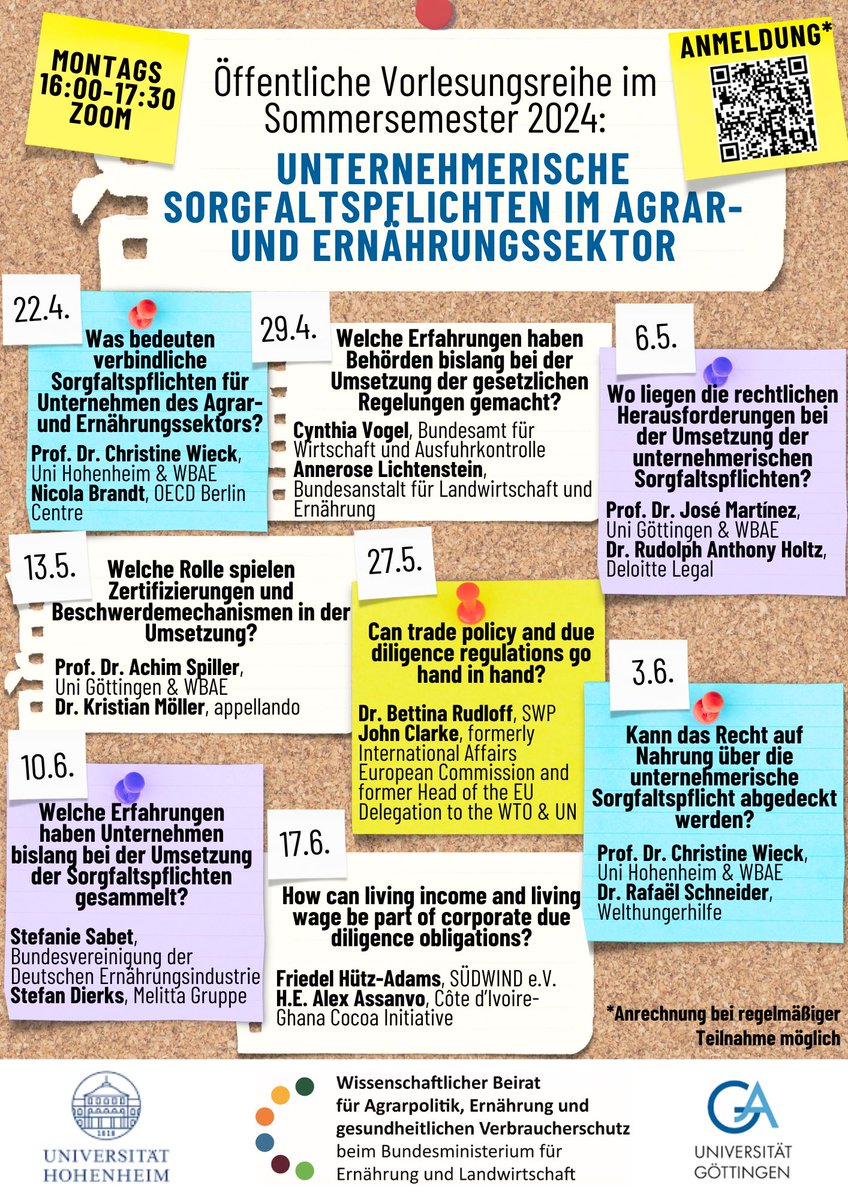 Ankündigung📣

Öffentliche Vorlesungsreihe im Sommersemester 2024: Unternehmerische Sorgfaltspflichten im Agrar- und Ernährungssektor.

Eine Anmeldung erfolgt unter folgendem Link: uni-goettingen.zoom-x.de/webinar/regist…

Weitere Informationen entnehmen Sie bitte dem beigefügten Flyer.