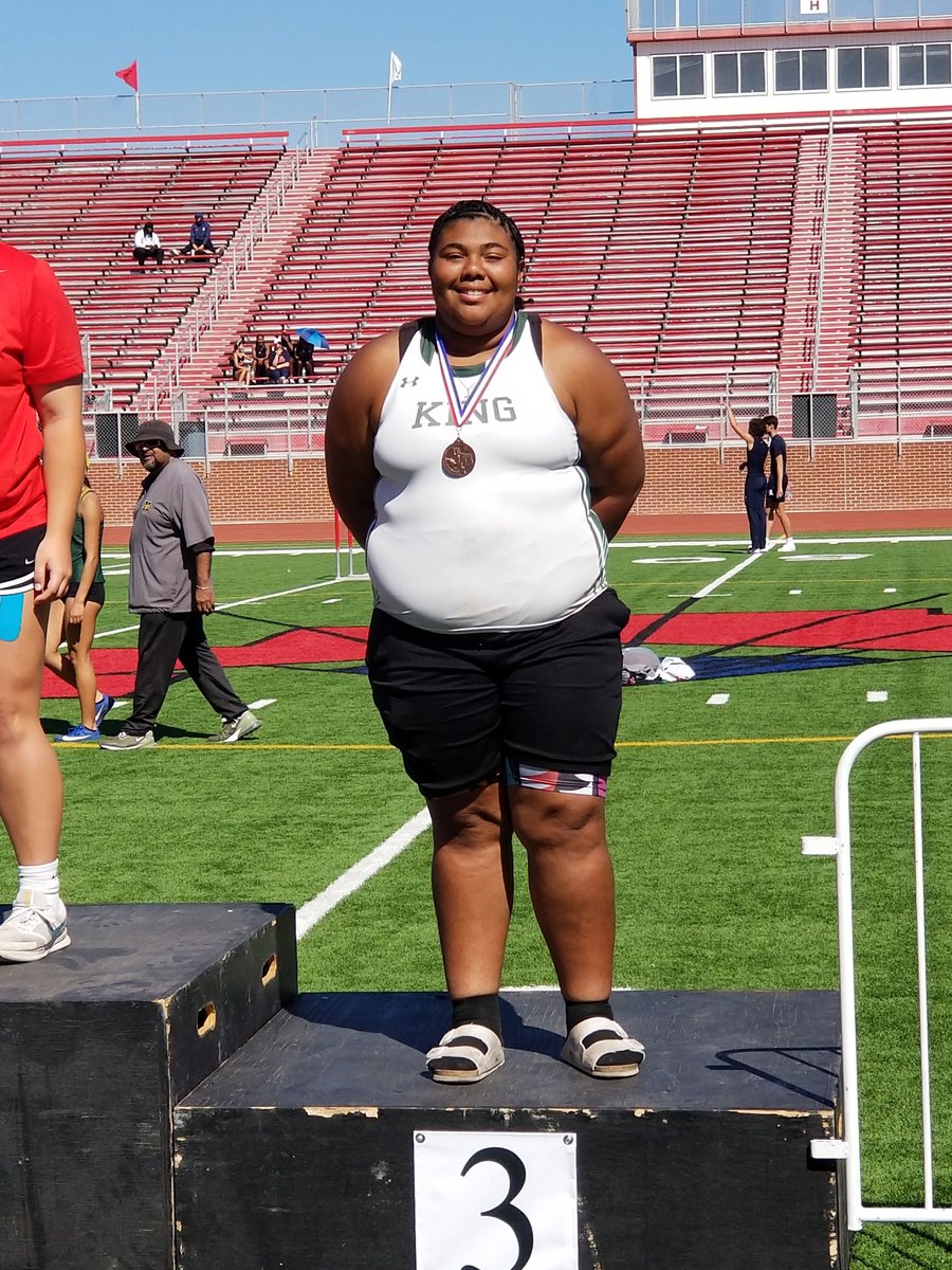 Shout out to our Lady Mustang 2024 Regional Track and Field Qualifiers!!

Janiya Jenkins- 3rd, Shot Put.
1st qualifier from King in shot since 2009 with a PR throw of 35'3”.

4x4 Relay - 3rd (M. Taylor, L. Liggins,  G. Blanco &amp; S. Duran).  First 4x4 since 2016.

Fantastic job!