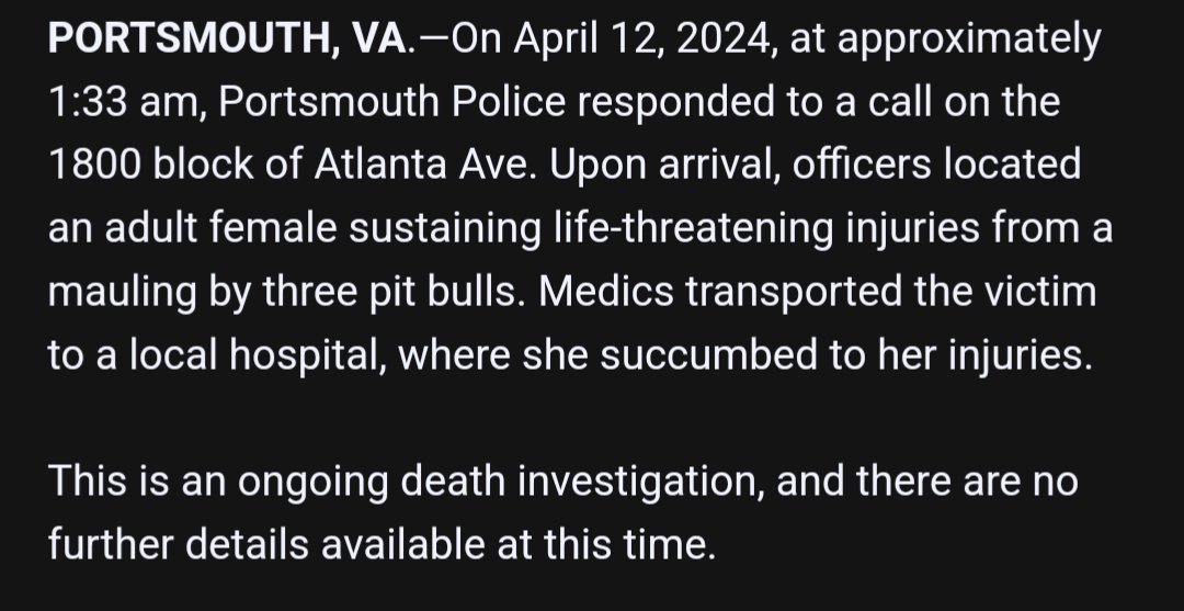 #BREAKING @PortsmouthPD says three dogs killed a woman overnight @WAVY_News