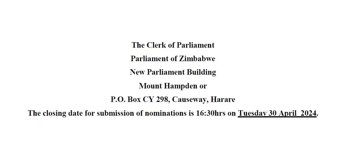 ParliamentZim's tweet image. #10thParliament
The Committee on Standing Rules and Orders (CSRO) of the Parliament of Zimbabwe is mandated in terms of section 237(i) of the Constitution, to invite the public to nominate candidates for possible appointment by His Excellency, the President, to serve as…