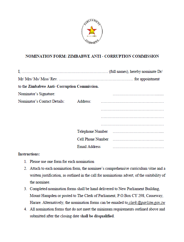 ParliamentZim's tweet image. #10thParliament
The Committee on Standing Rules and Orders (CSRO) of the Parliament of Zimbabwe is mandated in terms of section 237(i) of the Constitution, to invite the public to nominate candidates for possible appointment by His Excellency, the President, to serve as…