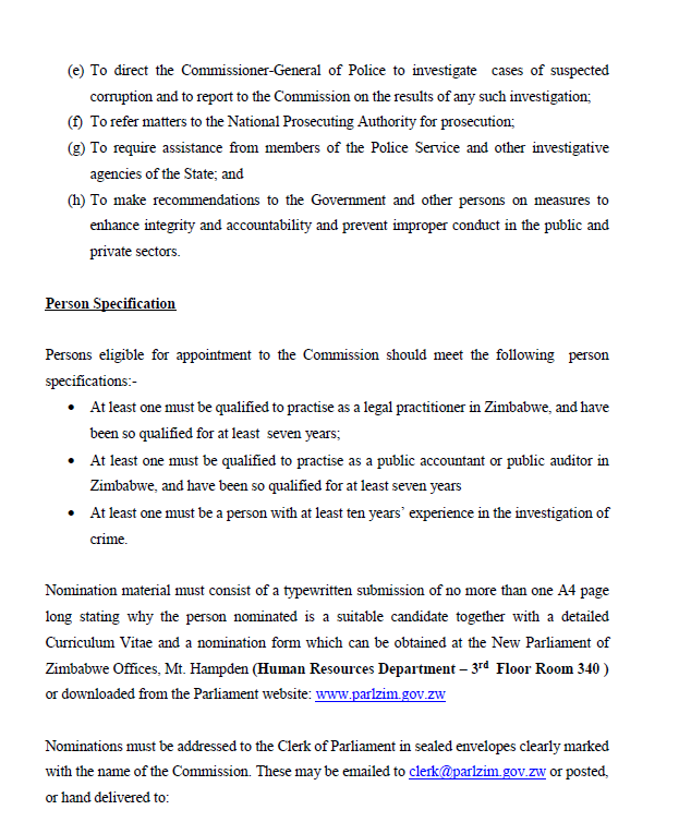 ParliamentZim's tweet image. #10thParliament
The Committee on Standing Rules and Orders (CSRO) of the Parliament of Zimbabwe is mandated in terms of section 237(i) of the Constitution, to invite the public to nominate candidates for possible appointment by His Excellency, the President, to serve as…
