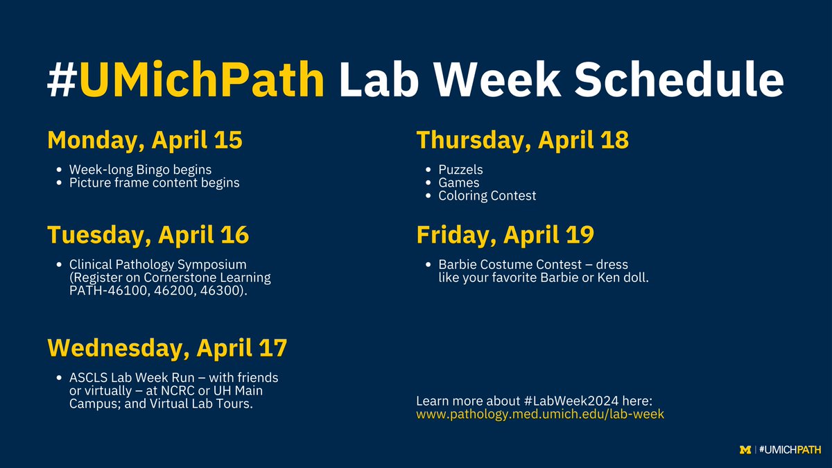 Happy Lab Week! #UMichPath members check out all the fun events throughout the week. While celebrating #LabWeek2024, snap some pictures and share them with us by tagging us (@UMichPath). michmed.org/Vndz5