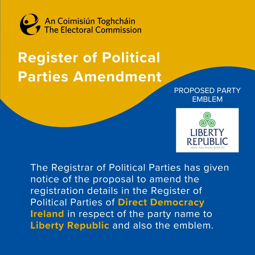 Changes to Ireland's Register of Political Parties notified today will see a new political party proposed, a name/emblem change for another, and a decision issued on a third. Learn more: electoralcommission.ie/media-release/…