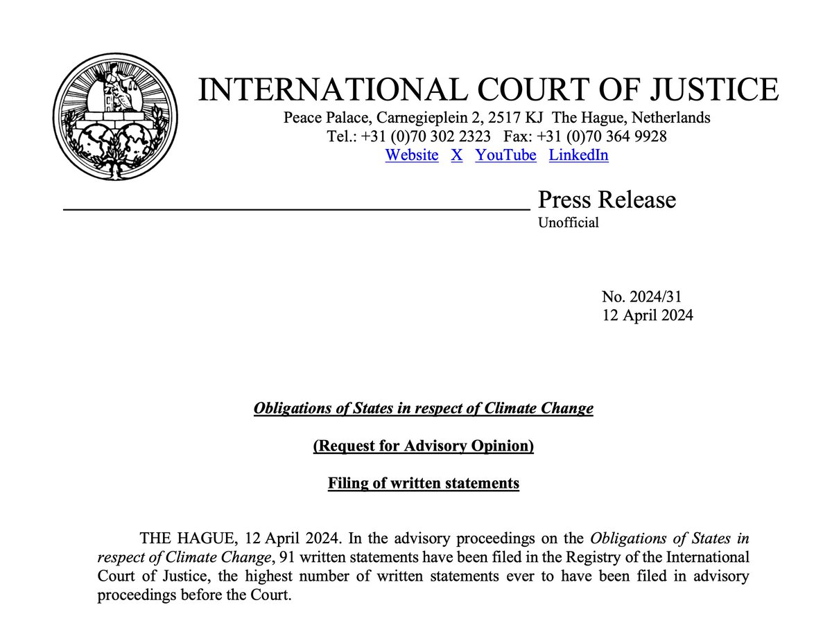 The ICJ Advisory Opinion on climate change receives the highest number ever of written statements for an advisory opinion - 91 submissions icj-cij.org/sites/default/…