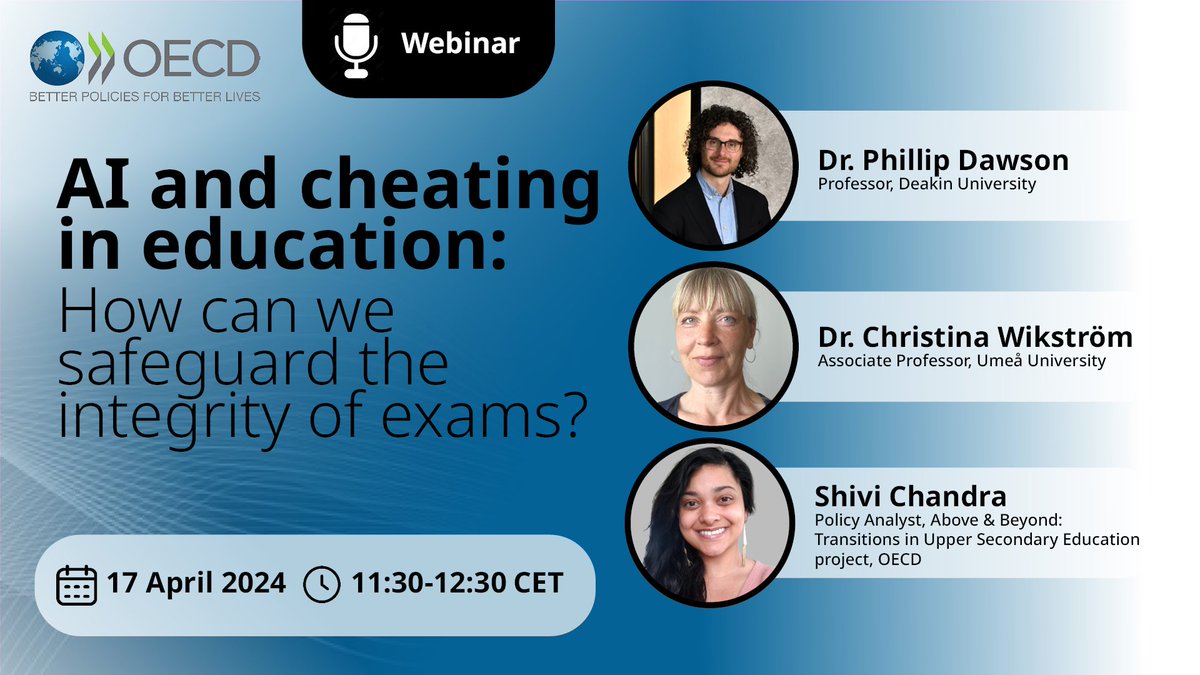 Upcoming webinar on AI & cheating in education Cheating on tests is an age-old problem. Is technology making it worse? This webinar explores exams in the digital age. Hear from @phillipdawson & @christinawikst1 Sign up: bit.ly/3IVMBVs 📅17 April ⏰11:30-12:30 CET