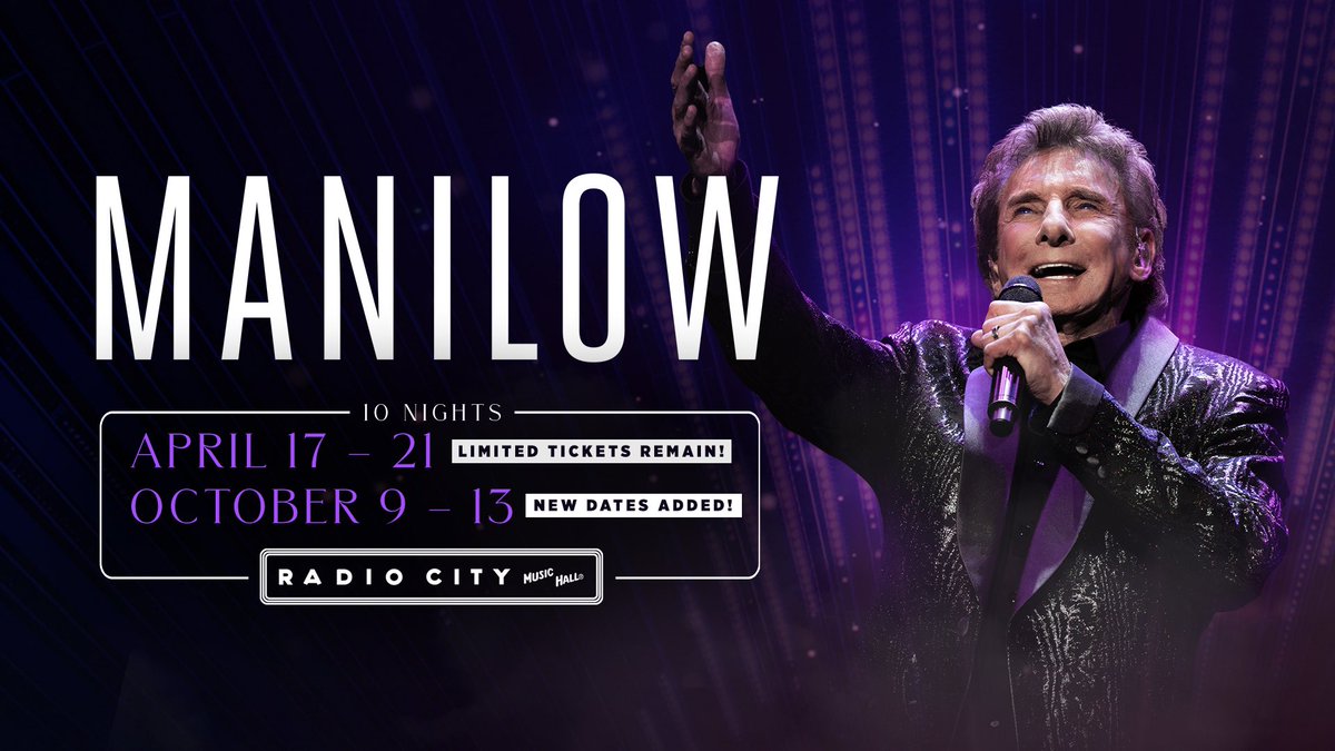 Tickets are ON SALE now to see Barry Manilow extend his Radio City residency with 5 more shows, Oct 9 - 13! Limited tickets remain for Apr 17 - 21. 🎟: go.radiocity.com/BarryManilow