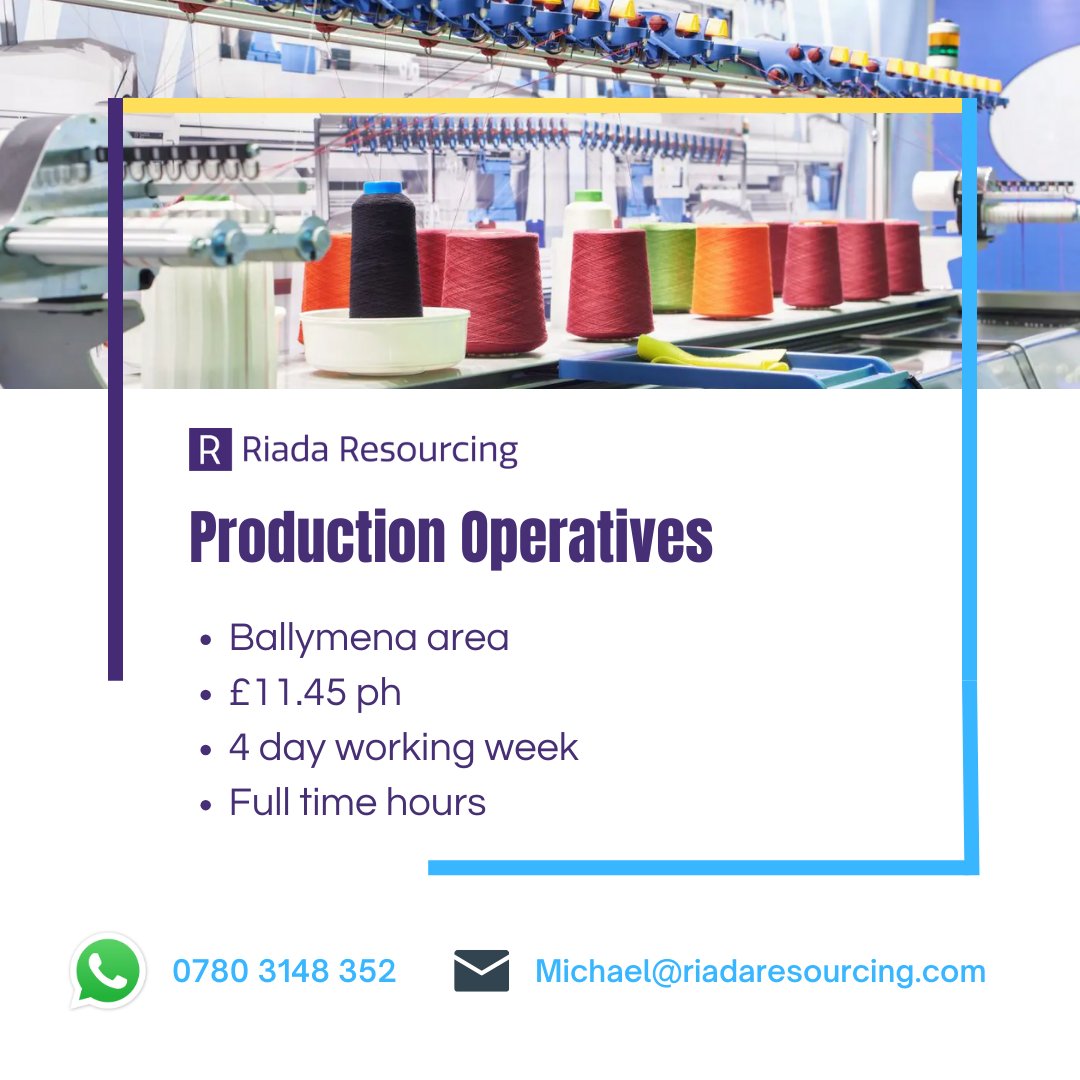 Production Operatives 📍

Looking for a 4 day working week and 3 day weekend? 

WhatsApp 0780 3148 352 to find out more or apply online 📲vacancies.riadaresourcing.com/vacancies/3424…

#nijobs