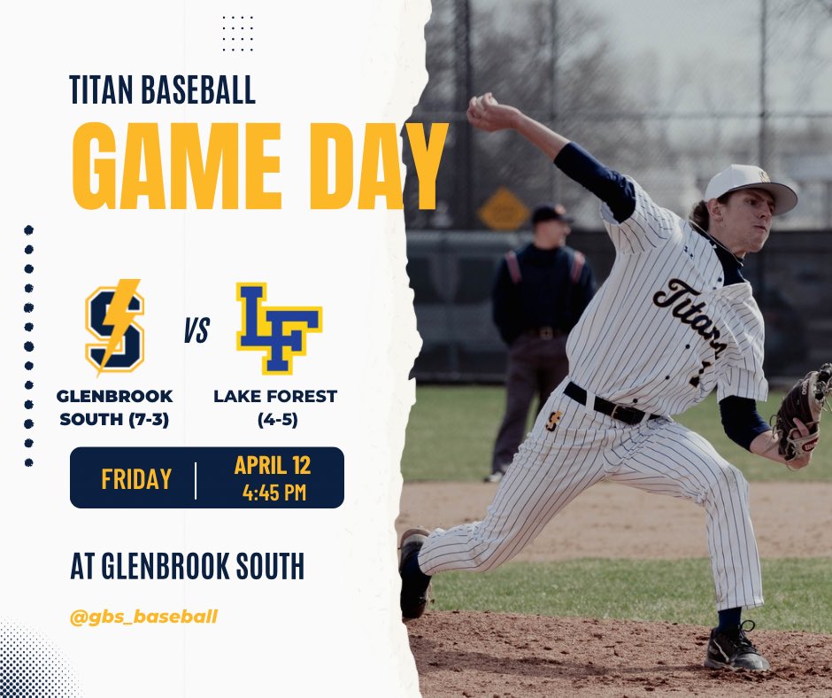 GBS Baseball (@gbs_baseball) on Twitter photo Titans are back at home for a non-conference matchup with Lake Forest. Start your weekend off with some ⚡️⚾️.
🆚 Lake Forest Scouts <a href="/BaseballLfhs/">LFHS Baseball</a>
⏰ 4:45 pm
🏟️ Titan Field
📍 Glenbrook South HS
🌤️ 60°
<a href="/PrepBaseballIL/">Prep Baseball Illinois</a> <a href="/Dion_JTsports/">Dion (J & T Sports)</a> <a href="/CSL_Varsity/">CSL Varsity</a> <a href="/ILHSbaseballfan/">Illinois H.S. Baseball Fan ⚾ ⚾</a> Titans are back at home for a non-conference matchup with Lake Forest. Start your weekend off with some ⚡️⚾️.
🆚 Lake Forest Scouts <a href="/BaseballLfhs/">LFHS Baseball</a>
⏰ 4:45 pm
🏟️ Titan Field
📍 Glenbrook South HS
🌤️ 60°
<a href="/PrepBaseballIL/">Prep Baseball Illinois</a> <a href="/Dion_JTsports/">Dion (J & T Sports)</a> <a href="/CSL_Varsity/">CSL Varsity</a> <a href="/ILHSbaseballfan/">Illinois H.S. Baseball Fan ⚾ ⚾</a>