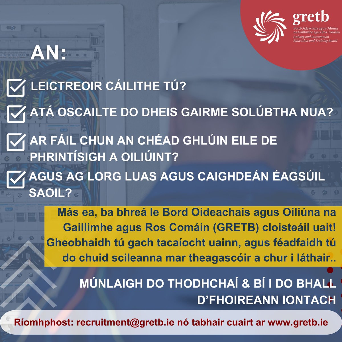 An leictreoir tú? An bhfuil taithí agat a bheith ag déanamh maoirseachta ar phrintísigh i d’áit oibre?Tá do chuid eolais agus taithí ag teastáil anois níos mó ná riamh. 💻Déan iarratas chuig: bit.ly/3TXww78 #GRETB #WeAreGRETB #GenerationApprenticeship #ThisIsFET