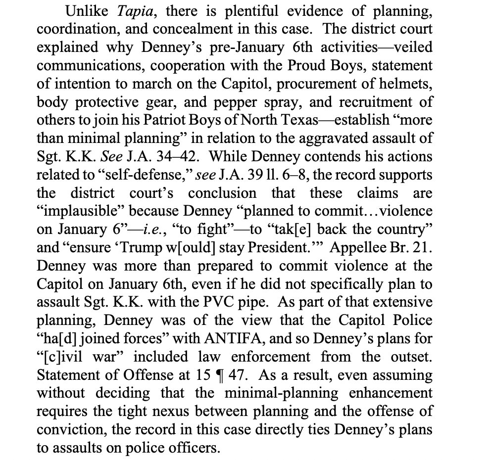 JUST IN: The D.C. Circuit upholds the Jan. 6 sentence of Lucas DENNEY, saying his pre-Jan. 6 coordination with Proud Boys and procurement of gear easily support the 'more than minimal planning' enhancement he received. documentcloud.org/documents/2454…