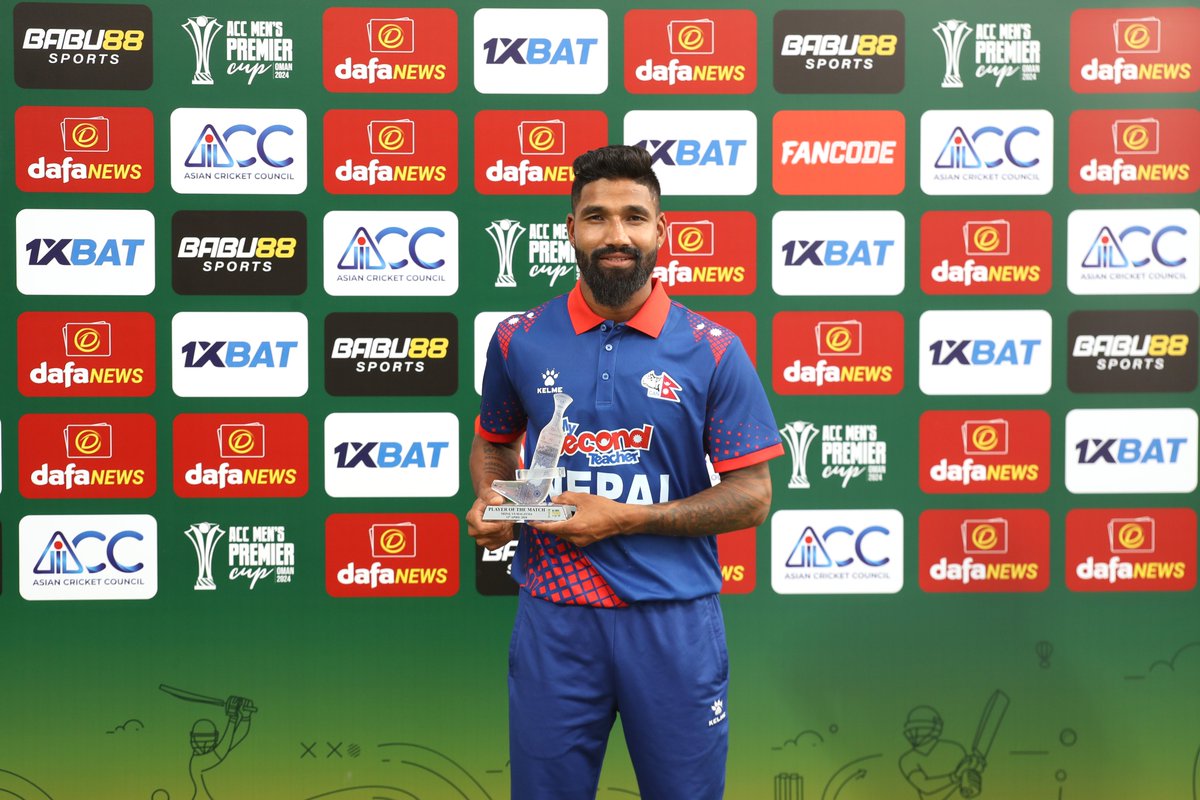 Dipendra Singh Airee with his 2/14 spell and 20(11) knock bags the Player of the Match at Oman 🎊🏏 #ACCMensPremierCup2024 | #WorldCupYear2024 | #OneBallBattles | #NepalCricket